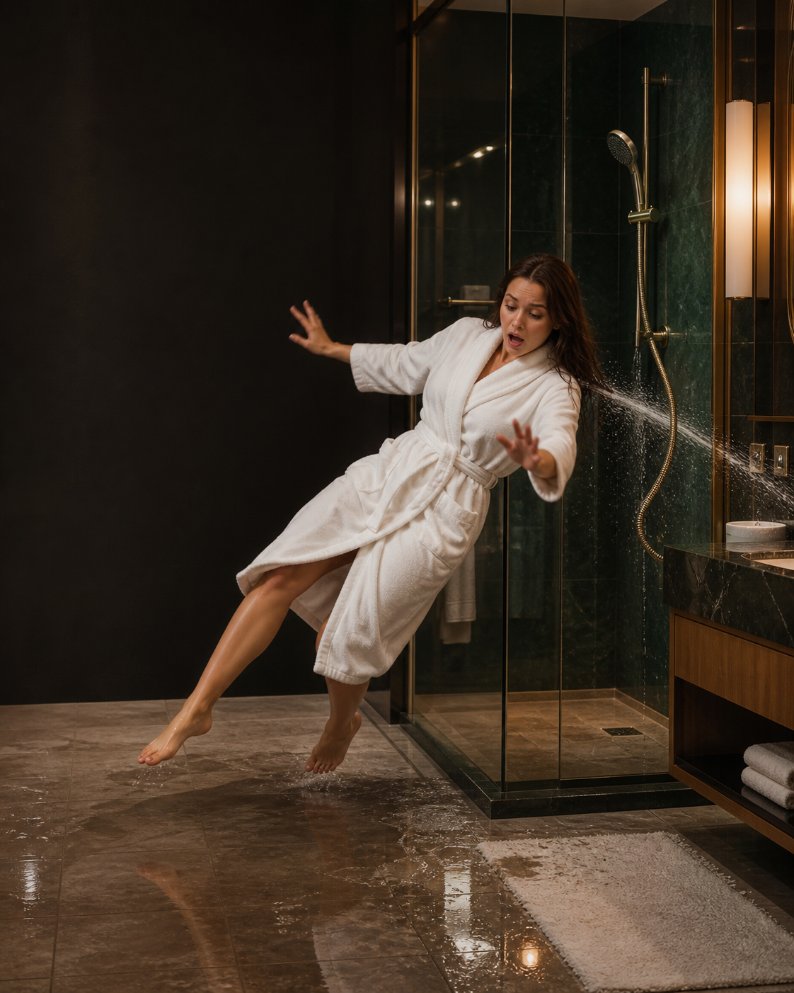 Hotel bathroom leak creating a guest slip risk