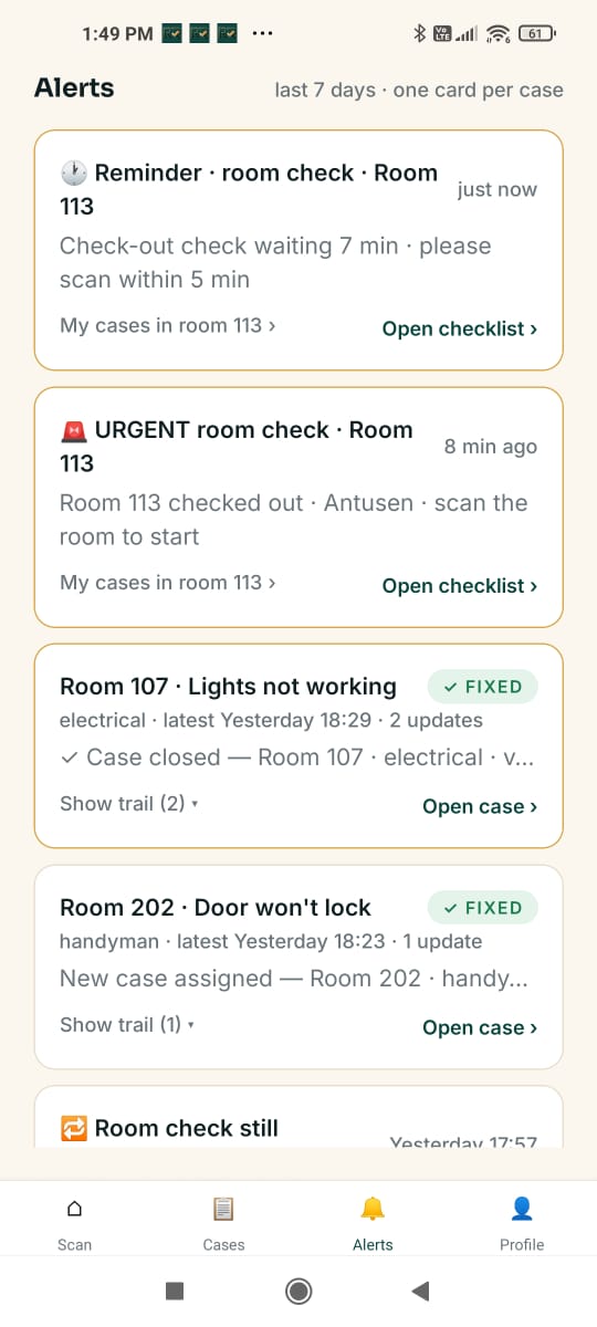 RoomReady mobile alerts list with room check and fixed case cards
