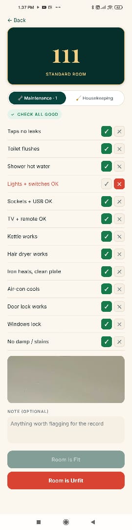 RoomReady mobile checklist for room 111 maintenance check
