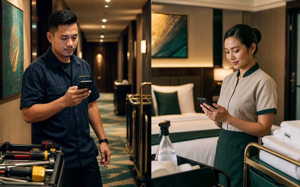 Split-screen view of maintenance and housekeeping receiving RoomReady alerts on separate phones
