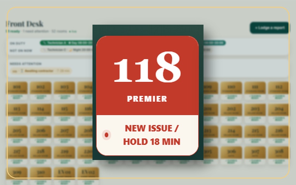 RoomReady dashboard close-up highlighting a red held problem room