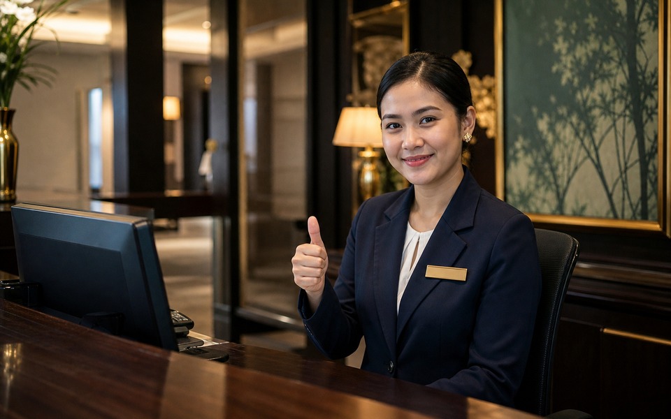 Satisfied front desk receptionist giving thumbs up after room is ready